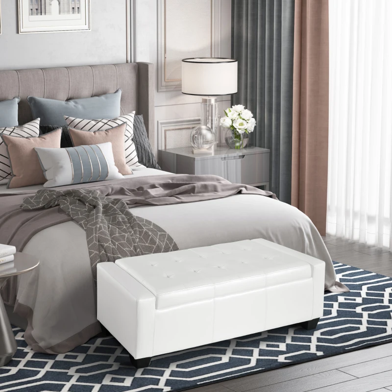 White leather ottoman bench in stylish bedroom interior