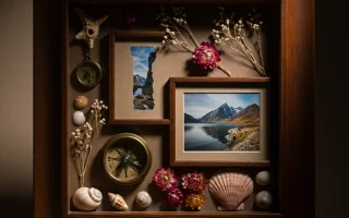 Illuminated shadow box decorated with seashells, bows, and portrait photo