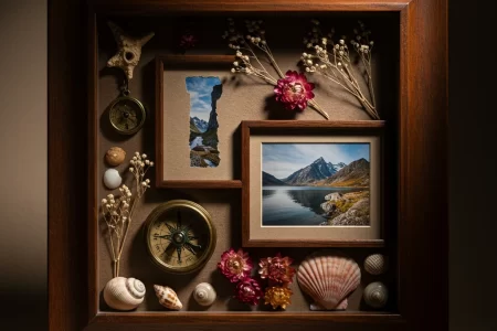 Illuminated shadow box decorated with seashells, bows, and portrait photo