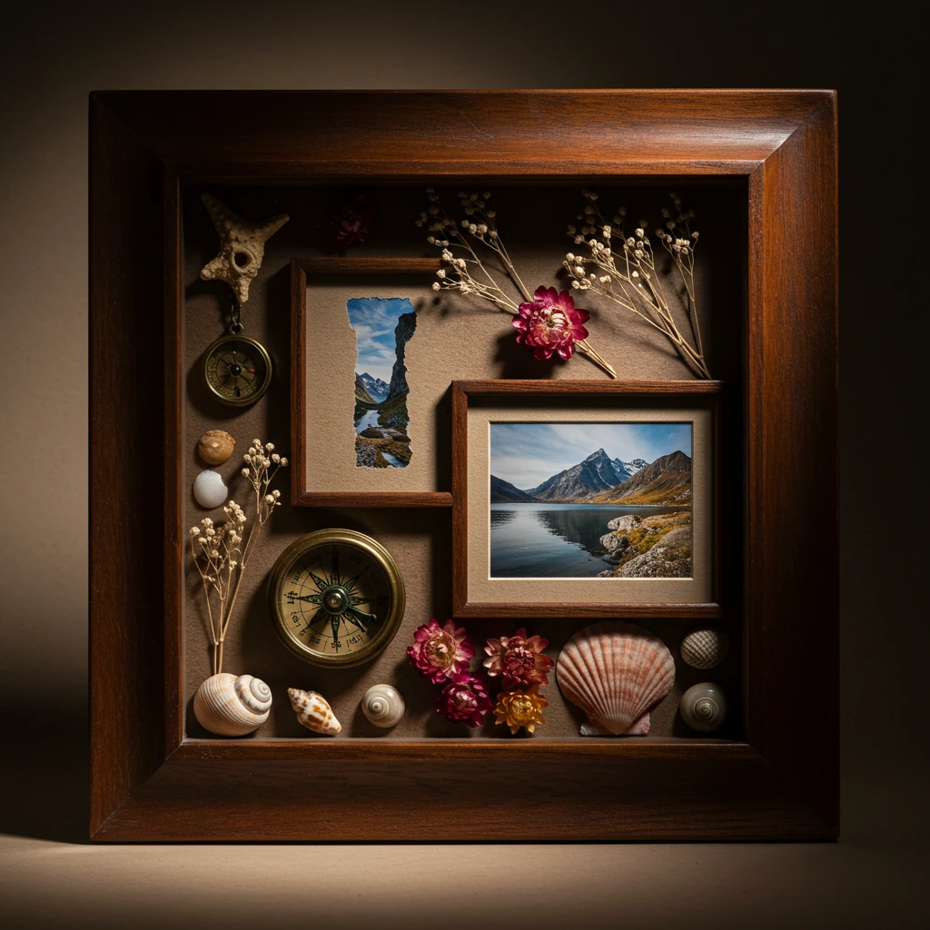 Illuminated shadow box decorated with seashells, bows, and portrait photo