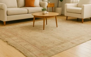 Neutral-toned living room with large beige area rug and wooden table