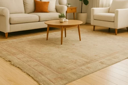 Neutral-toned living room with large beige area rug and wooden table