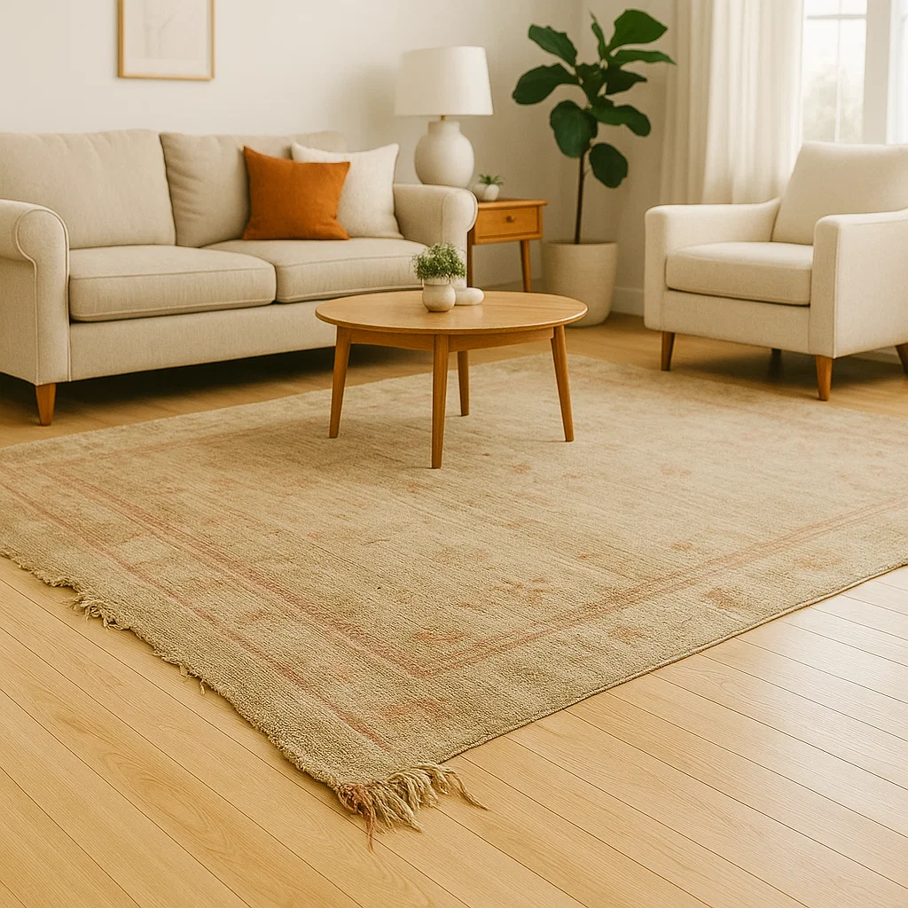 Neutral-toned living room with large beige area rug and wooden table