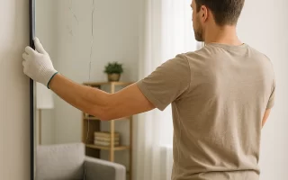 Man wearing gloves holding cracked wall mirror carefully in living room.