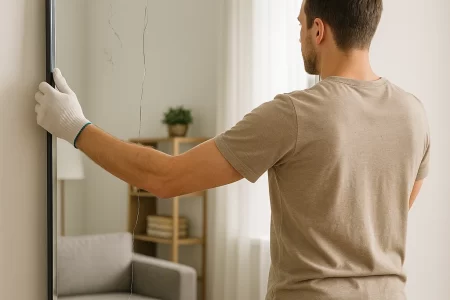 Man wearing gloves holding cracked wall mirror carefully in living room.
