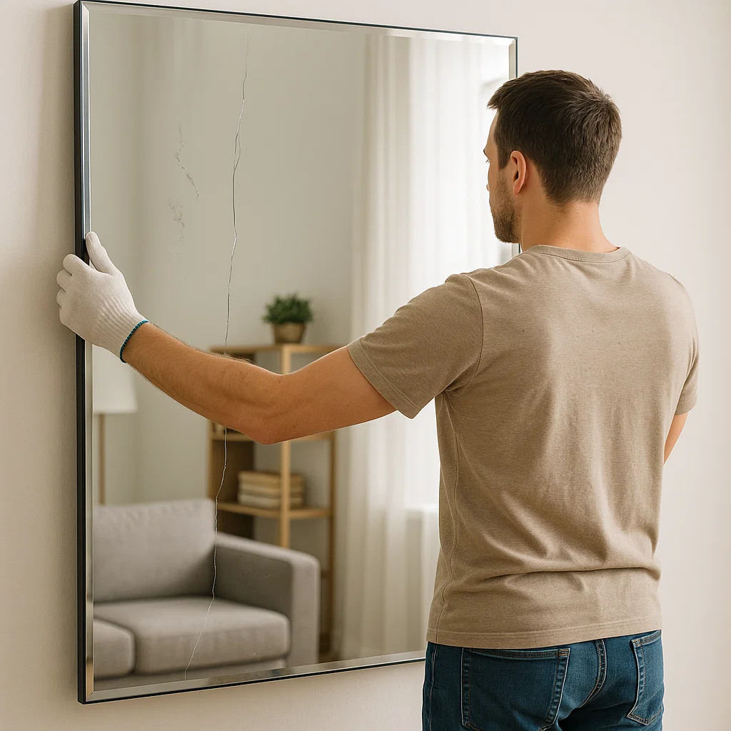 Man wearing gloves holding cracked wall mirror carefully in living room.