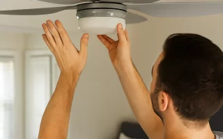 Man adjusting modern ceiling fan light fixture before tightening blades for safe repair.