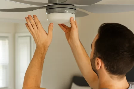 Man adjusting modern ceiling fan light fixture before tightening blades for safe repair.