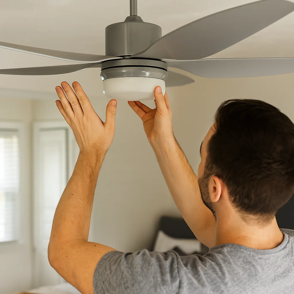 Man adjusting modern ceiling fan light fixture before tightening blades for safe repair.