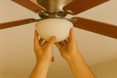 Hands tightening light fixture onto ceiling fan with wooden blades