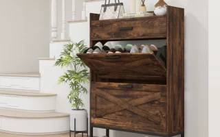 Rustic wooden shoe cabinet in entryway with open drawers displaying shoes.