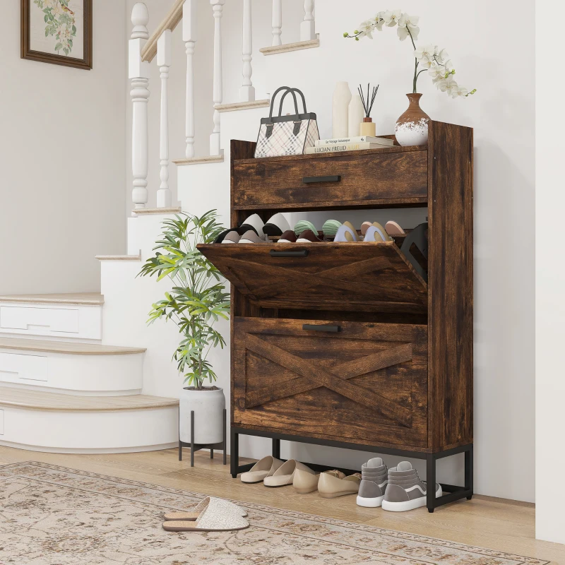 Rustic wooden shoe cabinet in entryway with open drawers displaying shoes.

