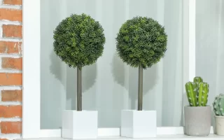 Two finished artificial topiary balls placed on white window ledge.
