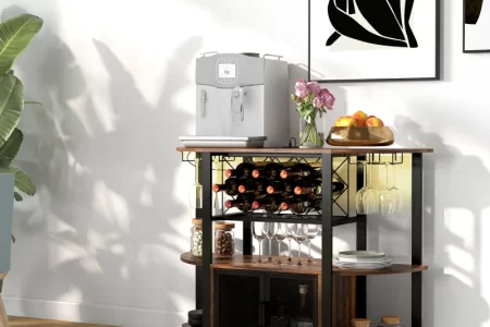 Home bar cart with wine rack, glasses, and countertop coffee machine in modern dining area