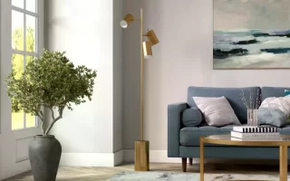 Light-filled living room with stylish floor lamp setup.