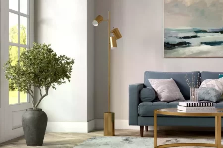 Light-filled living room with stylish floor lamp setup.