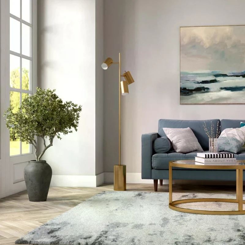 Light-filled living room with stylish floor lamp setup.