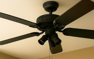 Ceiling fan with dark rustic finish mounted on beige ceiling