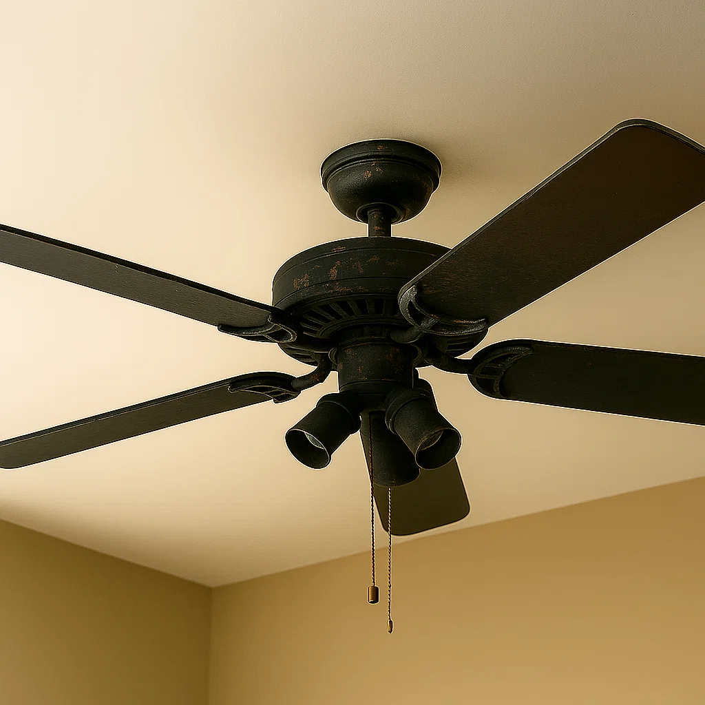 Ceiling fan with dark rustic finish mounted on beige ceiling