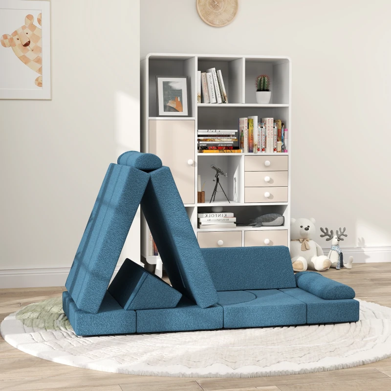 Blue foldable foam play couch arranged in cozy kids’ room.