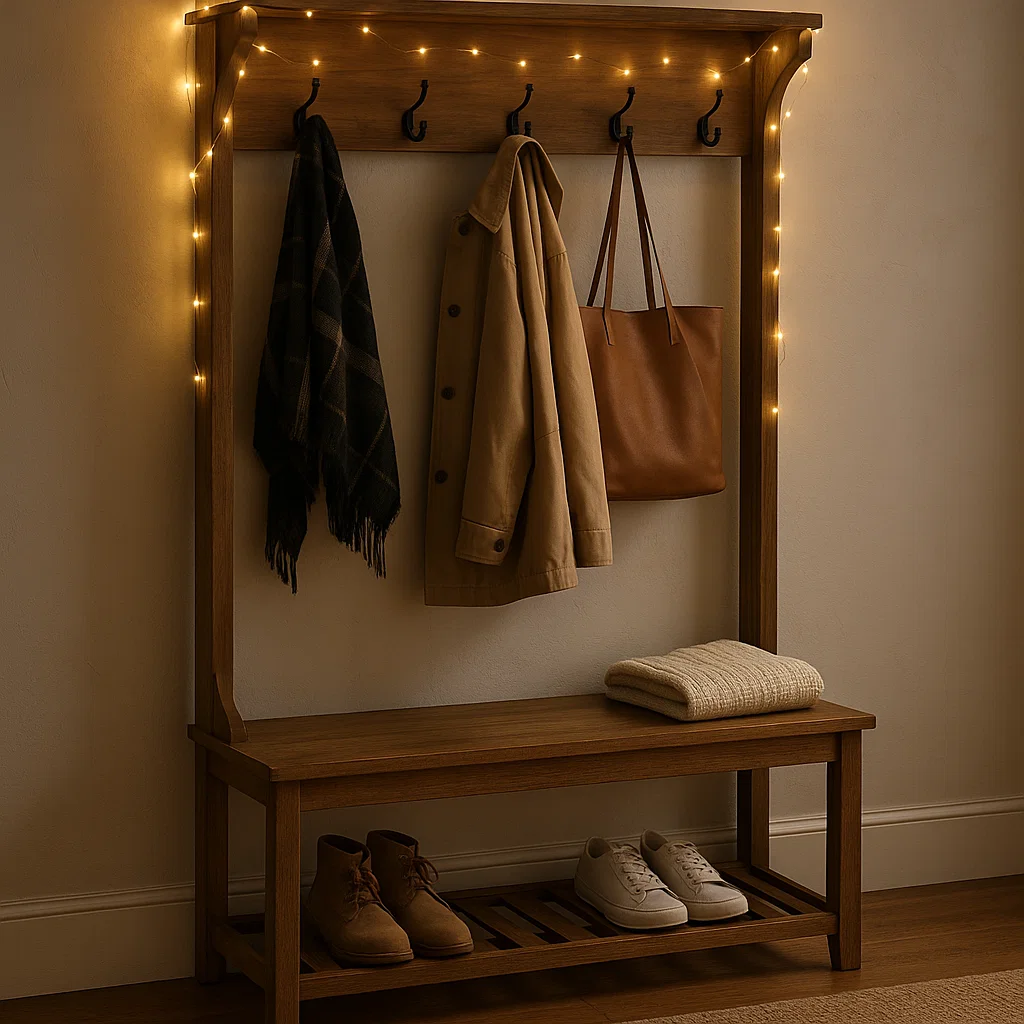 Wooden hall tree decorated with hanging coats and string lights.
