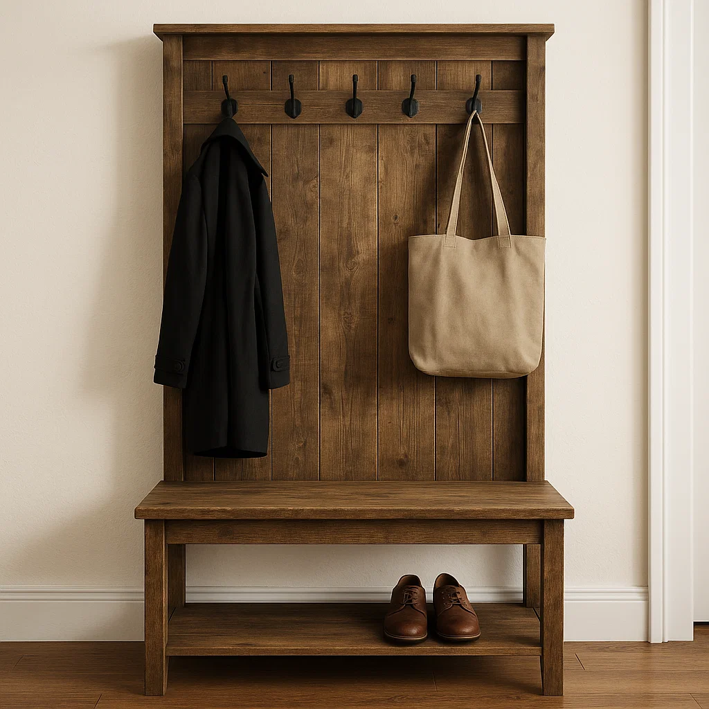 Rustic wooden hall tree with coat, tote bag, and leather shoes.
