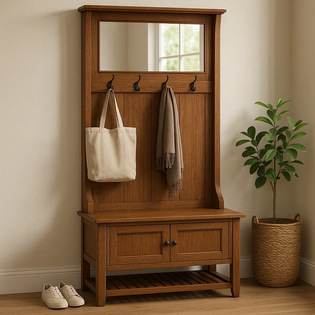 Wood hall tree with mirror, hooks, and potted plant nearby.
