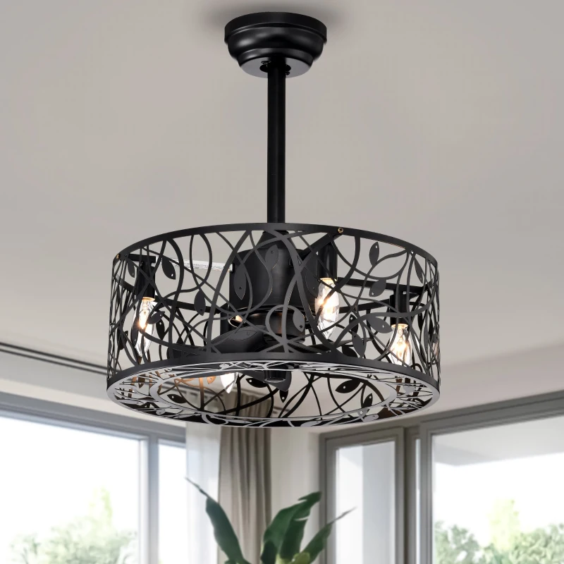 Black industrial ceiling fan with metal cage and Edison bulbs creating a rustic loft-style ambiance.
