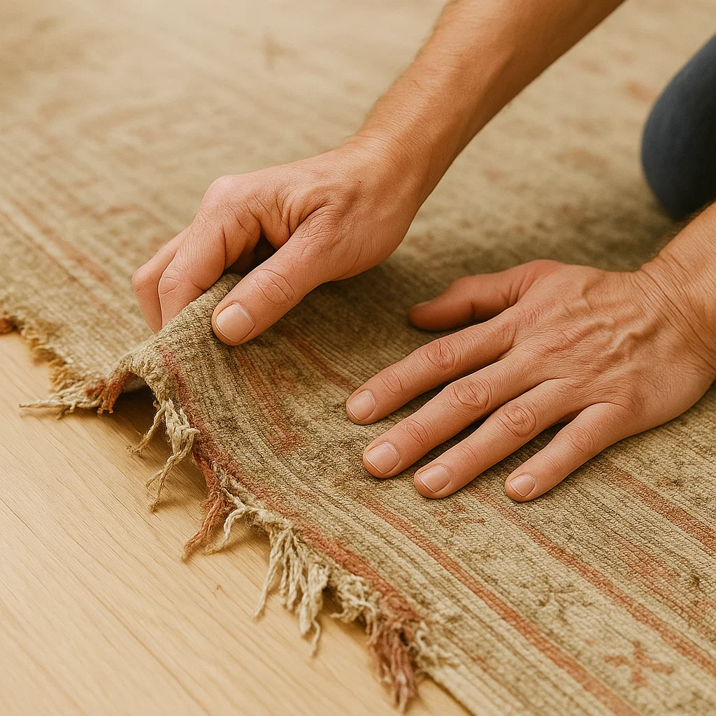 Hands inspecting worn edge of frayed area rug on wooden floor