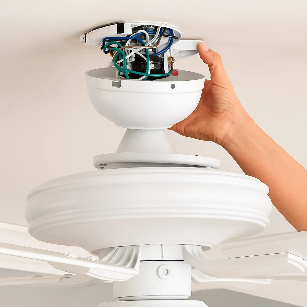 Hand lifting ceiling fan canopy to inspect fan-rated electrical box and mounting bracket safety.
