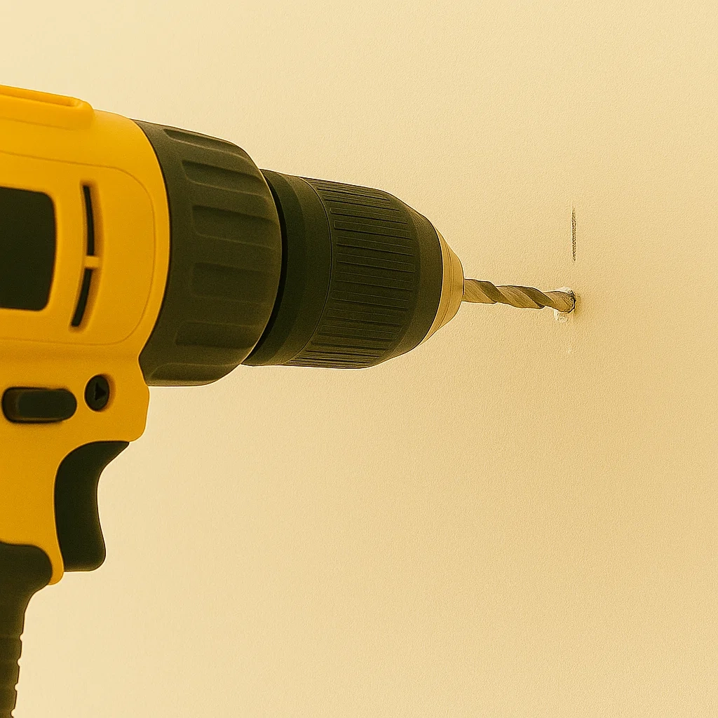 Close-up of hand drilling hole in wall for screw installation