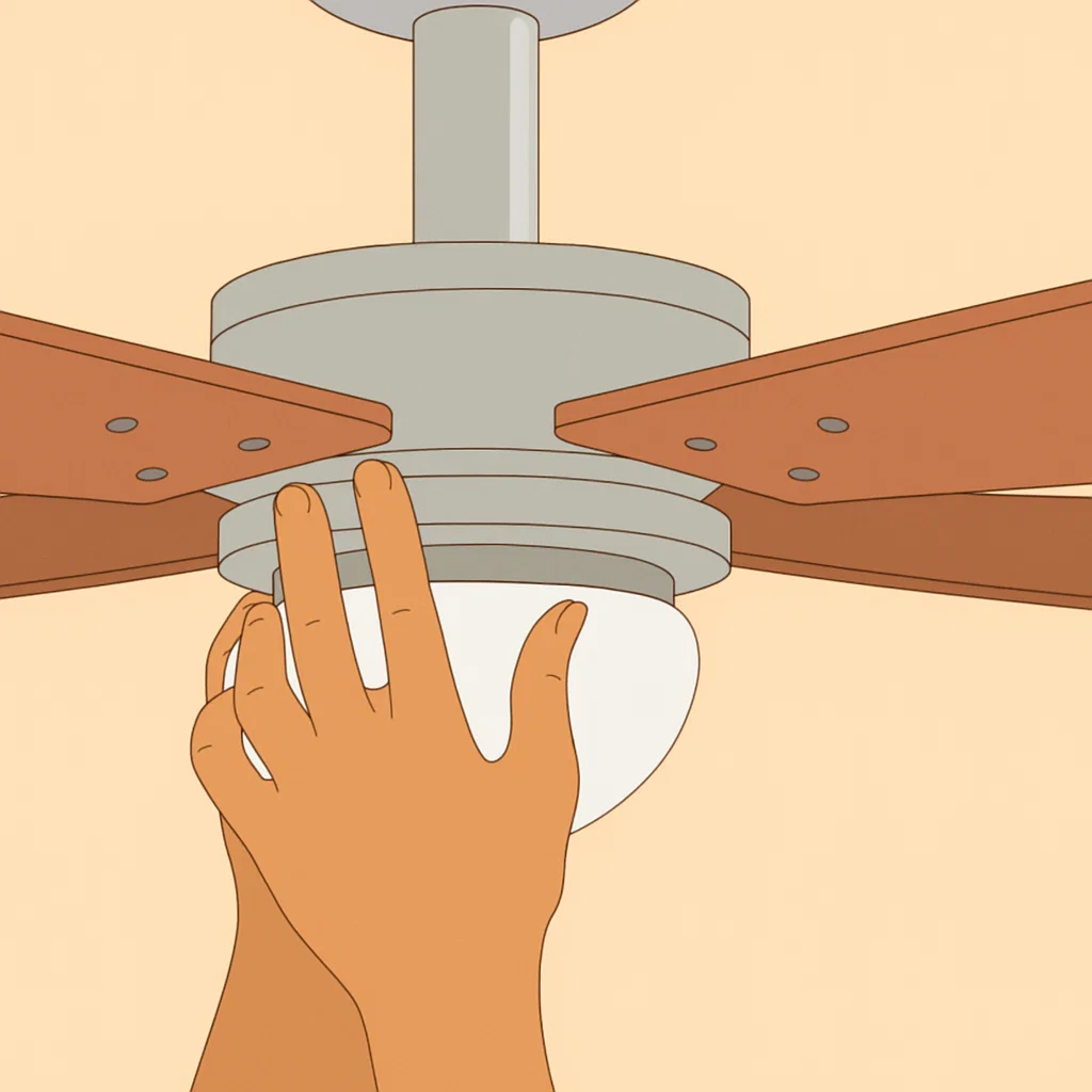 Person installing glass light cover on ceiling fan fixture