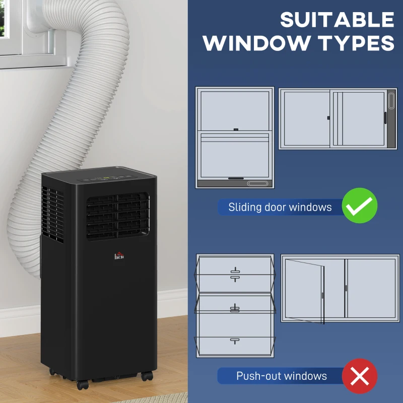 Portable air conditioner connected to sliding window setup.