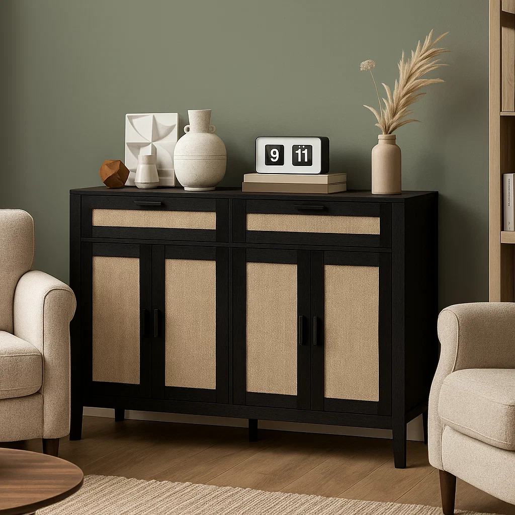 Two-tone sideboard styled with ceramics and wall clock.