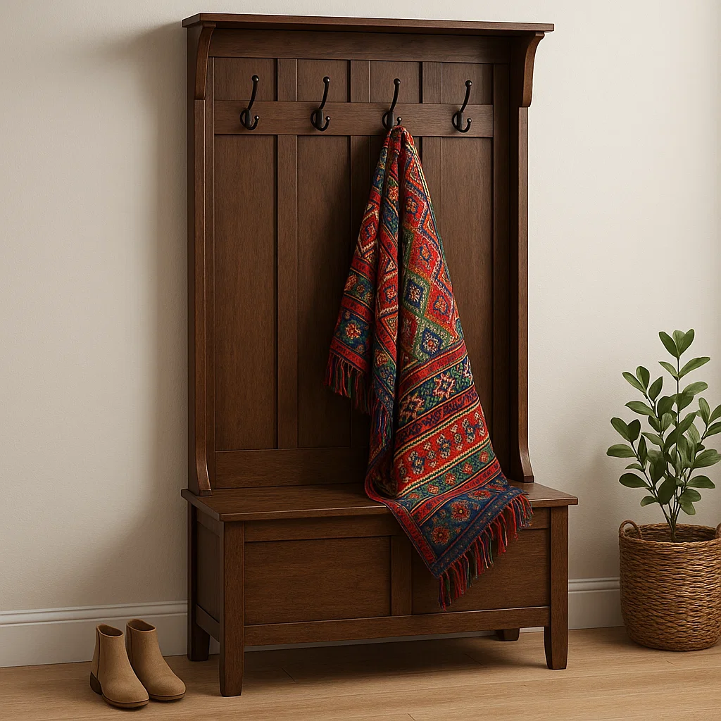 Wooden hall tree with patterned red scarf and woven plant basket.