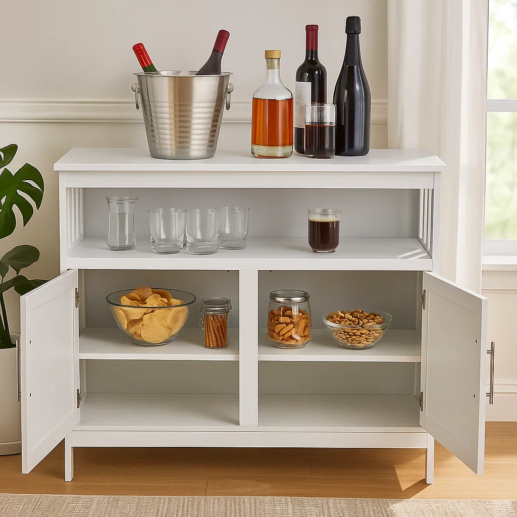 White bar cabinet with open shelves storing snacks, drinks, and glasses.
