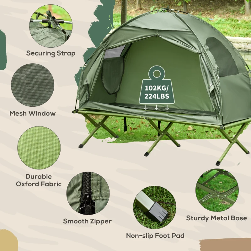 Camping tent cot showing mesh window, sturdy metal base, smooth zipper