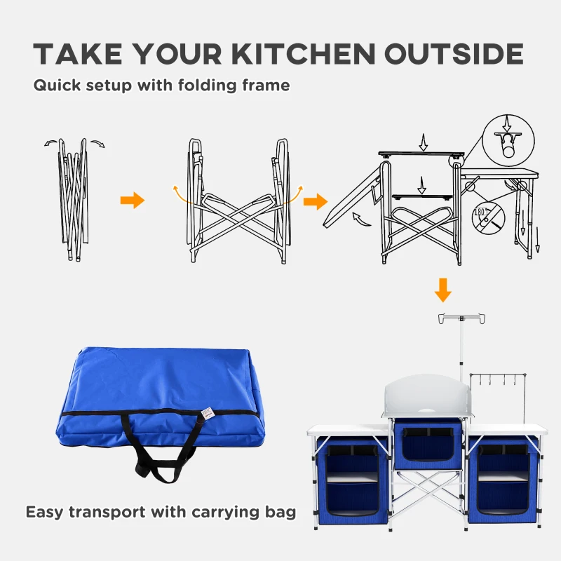 Portable kitchen with windscreen and storage for camping.