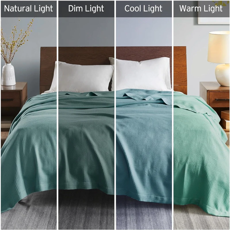 Green cotton blanket shown under four different lighting conditions on a bed.
