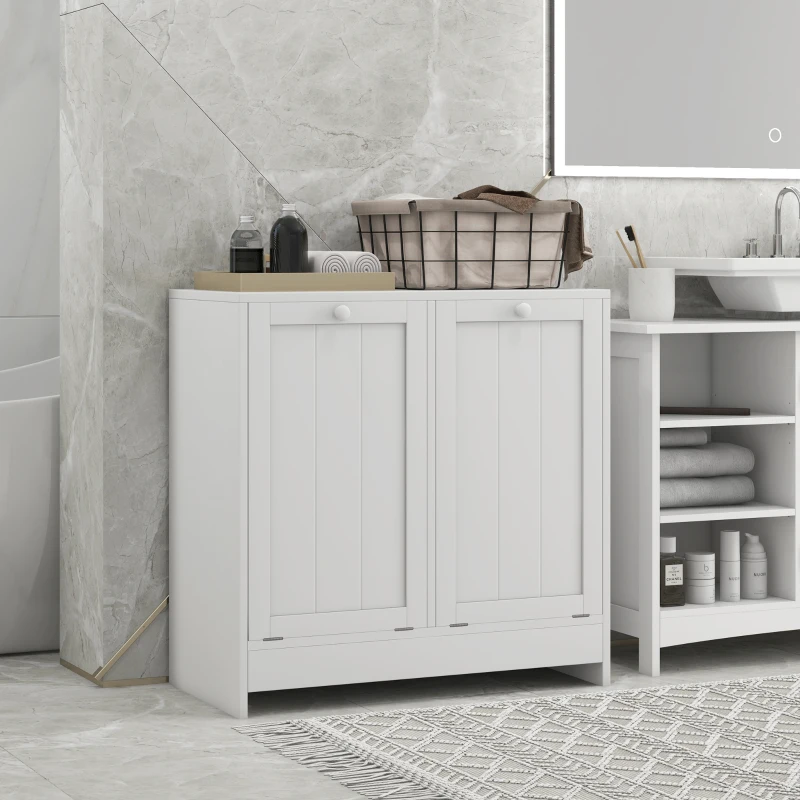 White bathroom storage cabinet with laundry basket and marble wall.
