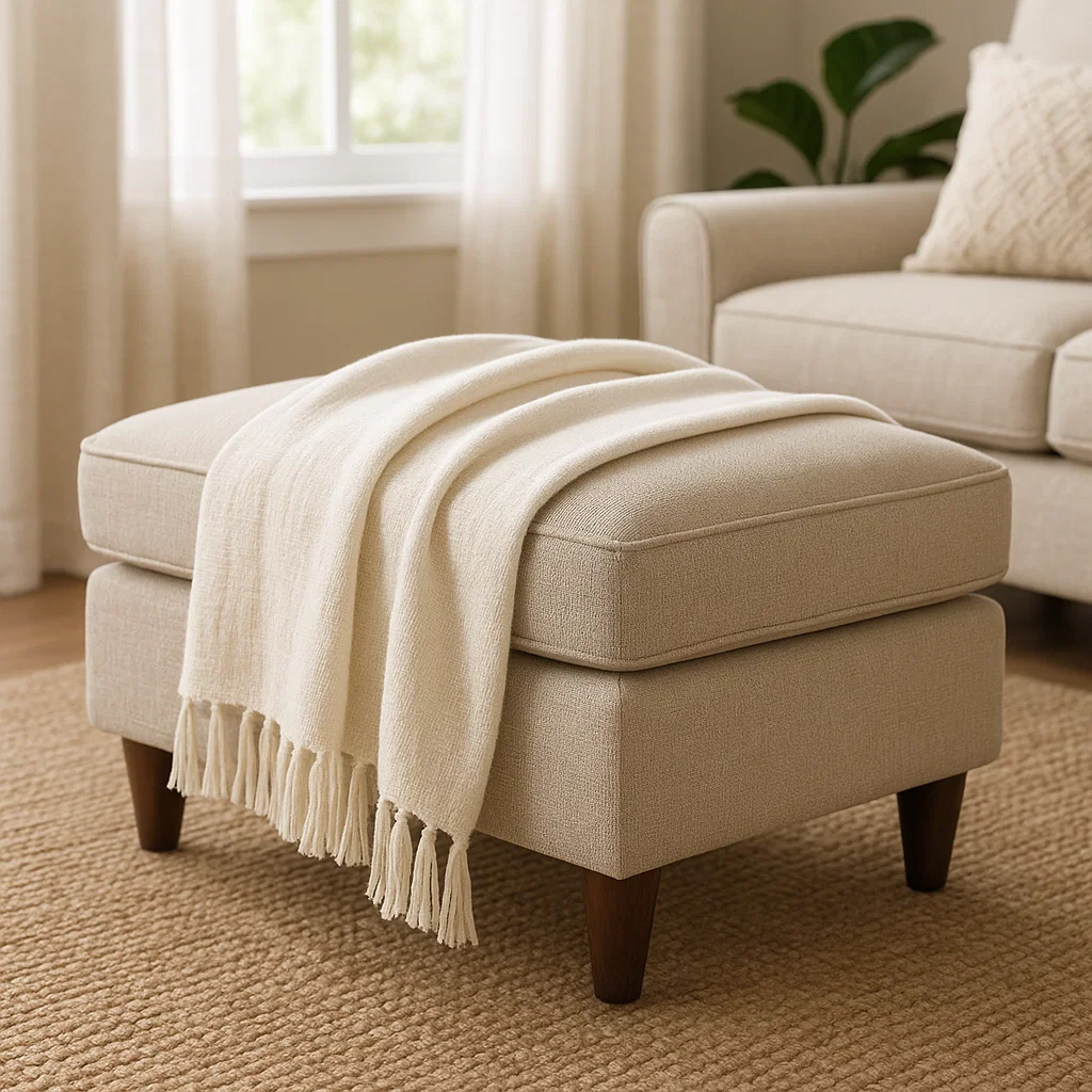 Light beige ottoman with white fringed throw in bright cozy living room