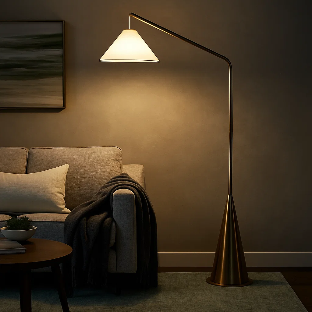 Cone base floor lamp with white shade in cozy living room