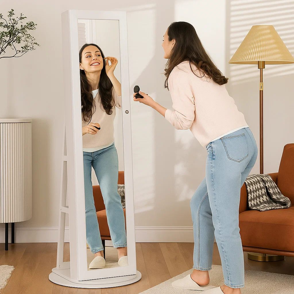 Woman applying makeup in white rotating jewelry mirror cabinet.