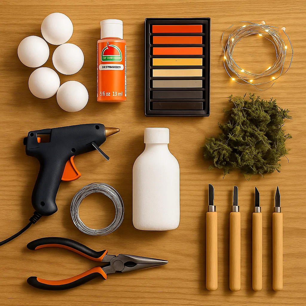 DIY Halloween crafting tools including glue gun, pliers, paint, and foam balls.
