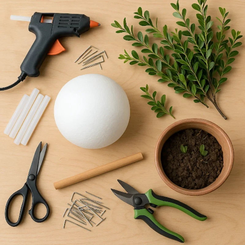 DIY topiary supplies including foam ball, glue gun, clippers, and greenery.