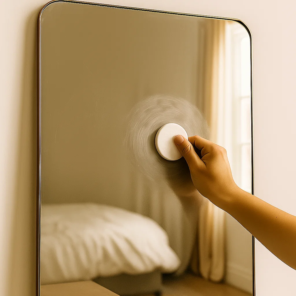 Hand buffing a mirror surface with a circular motion using metal polish for scratch removal.