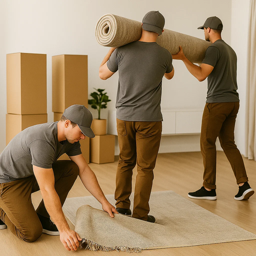 Workers rolling and carrying carpet for professional removal service
