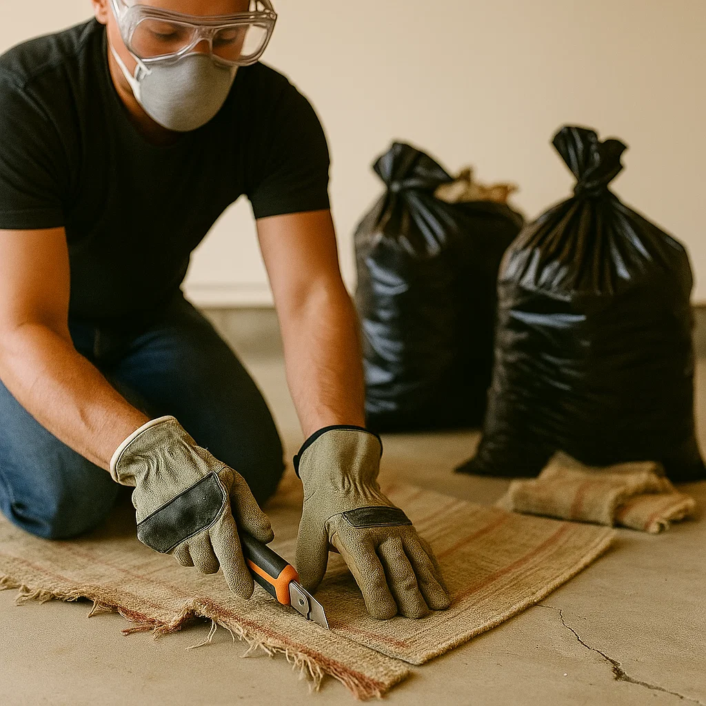 Person wearing gloves and mask cutting old carpet into smaller pieces