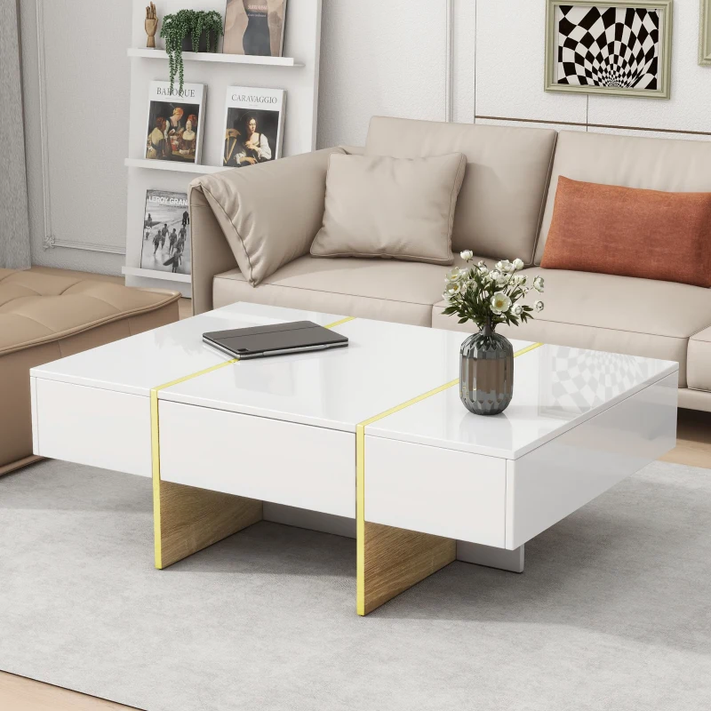 White glossy square coffee table with gold trim accents