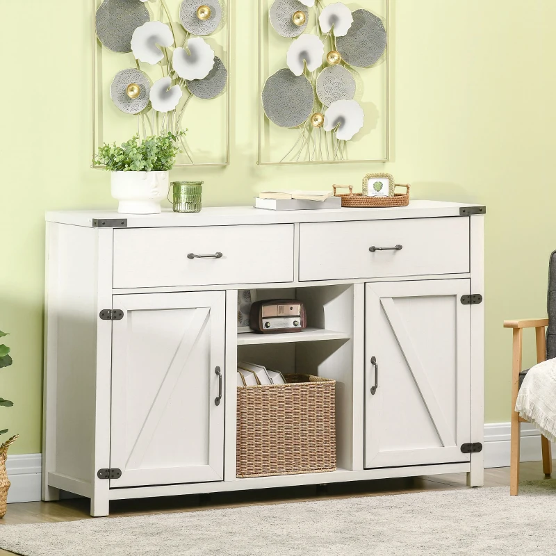 White farmhouse sideboard with drawers, shelves, and metal accents.